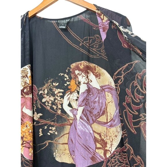 Citron Santa Monica Silk Blend Layered Kimono Topper Long Asian Artsy Art Size L - Picture 6 of 16